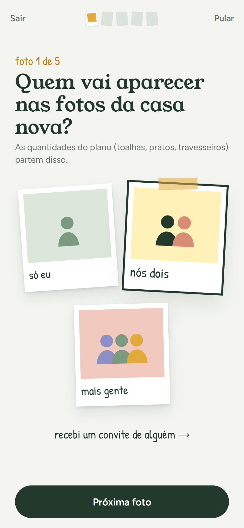 Cadastro: quem vai aparecer nas fotos da casa nova? Só eu, nós dois ou mais gente.