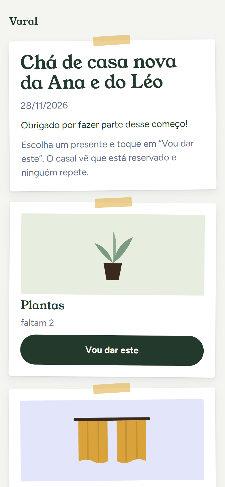 Página do chá vista pelo convidado, no navegador, com o botão Vou dar este.