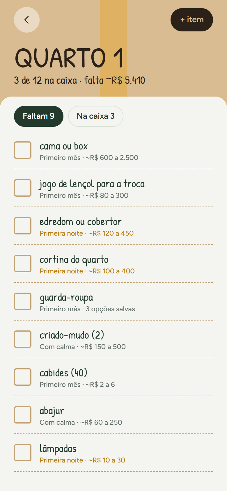 Dentro do Quarto 1: a lista do que falta, com a fase e a faixa de preço de cada item.
