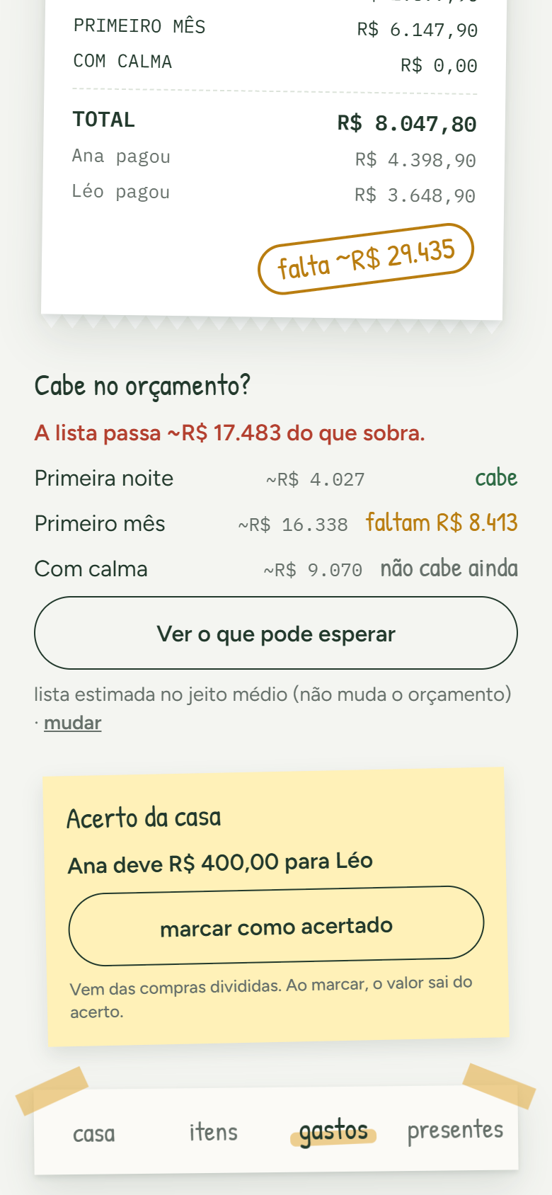 Gastos: recibo da casa, quanto cabe no orçamento em cada fase e o acerto entre os moradores.