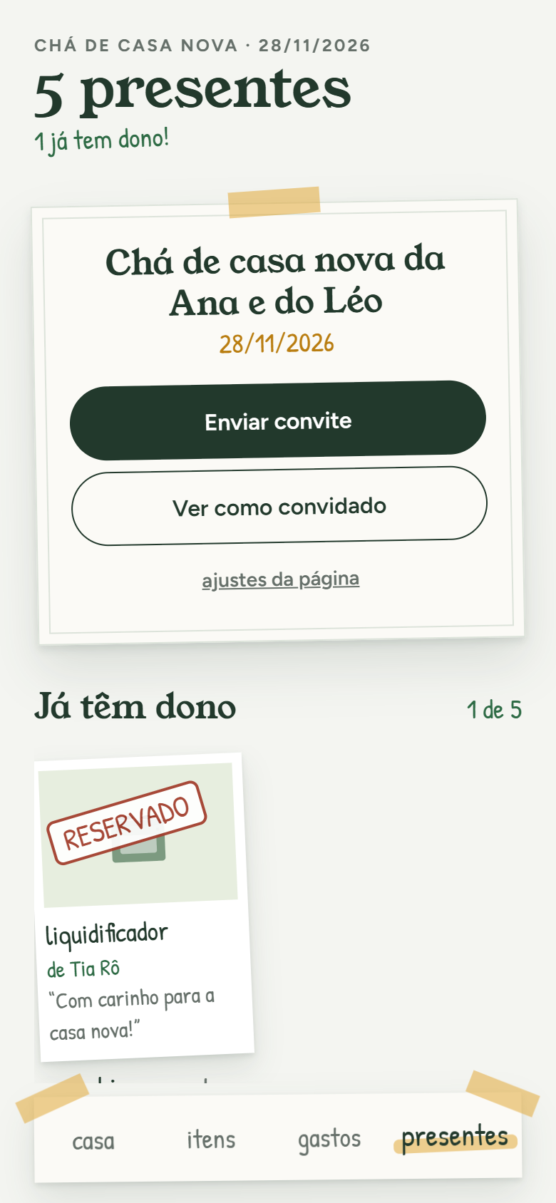 Aba Presentes: o convite do chá e o liquidificador já reservado pela Tia Rô.